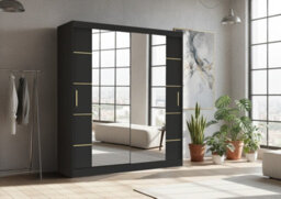 Fhif Dallas Gold 180Cm Black  Sliding Door Wardrobe Modern Bedroom Storage With Full Length Mirror Shelves And Hanging Rails