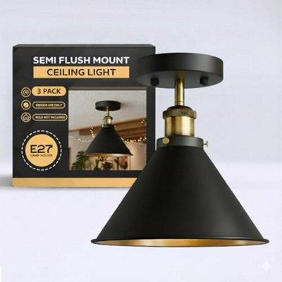 Ledsone Industrial Semi Flush Ceiling Light, Matte Black Metal Shade, Antique Brass Fittings, Vintage Lamp For Bedroom Hallway - image 1