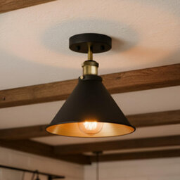 Ledsone Industrial Semi Flush Ceiling Light, Matte Black Metal Shade, Antique Brass Fittings, Vintage Lamp For Bedroom Hallway - thumbnail 9