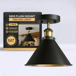 Ledsone Industrial Semi Flush Ceiling Light, Matte Black Metal Shade, Antique Brass Fittings, Vintage Lamp For Bedroom Hallway