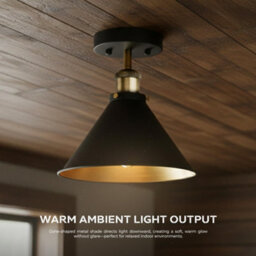 Ledsone Industrial Semi Flush Ceiling Light, Matte Black Metal Shade, Antique Brass Fittings, Vintage Lamp For Bedroom Hallway - thumbnail 5