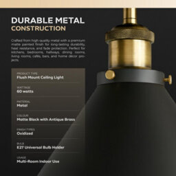 Ledsone Industrial Semi Flush Ceiling Light, Matte Black Metal Shade, Antique Brass Fittings, Vintage Lamp For Bedroom Hallway - thumbnail 4
