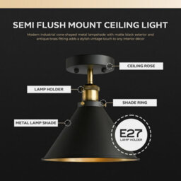 Ledsone Industrial Semi Flush Ceiling Light, Matte Black Metal Shade, Antique Brass Fittings, Vintage Lamp For Bedroom Hallway - thumbnail 3