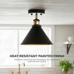 Ledsone Industrial Semi Flush Ceiling Light, Matte Black Metal Shade, Antique Brass Fittings, Vintage Lamp For Bedroom Hallway - thumbnail 7