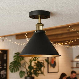 Ledsone Industrial Semi Flush Ceiling Light, Matte Black Metal Shade, Antique Brass Fittings, Vintage Lamp For Bedroom Hallway - thumbnail 6