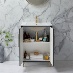 Homestylestore Anthracite 610mm Bathroom Vanity Unit With Basin And Brushed Brass T Bar Handle - thumbnail 2