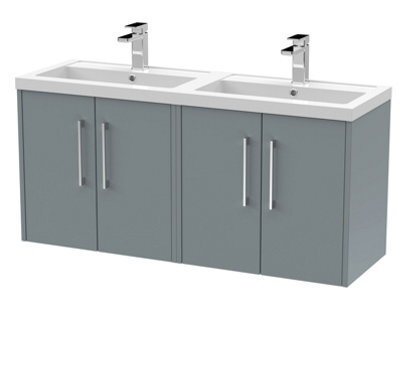 Hudson Reed Juno Wall Hung 4 Soft Close Door Vanity Unit With Double Basin In Coastal Grey Finish, 1200mm - image 1