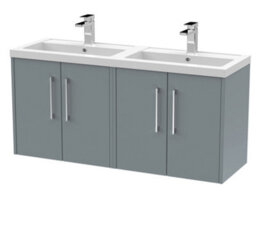 Hudson Reed Juno Wall Hung 4 Soft Close Door Vanity Unit With Double Basin In Coastal Grey Finish, 1200mm - thumbnail 1