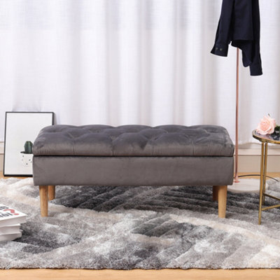 Living And Home Grey Velvet Upholstered Storage Ottoman Bench Bed End Bench With Rubber Wooden Leg W 1000 X D 400 X H 460 mm - image 1