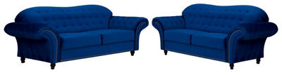 Lyon Chesterfield Style French Velvet Blue Fabric 3 + 2 Seater Sofa - image 1