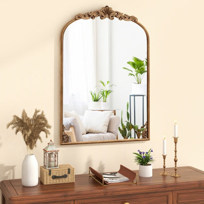 Costway Antiqued Gold Wall Mirror 95 Cm X 66 Cm Dramatic Arched Mirror With Baroque Ornate Frame - image 1
