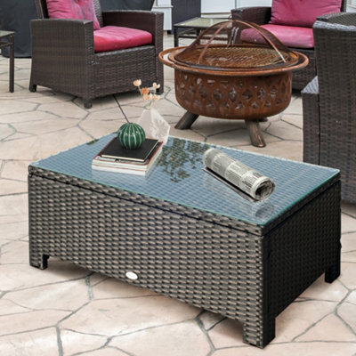 Outsunny Garden Rattan Side Table, Wicker Coffee Desk, Glass Top, Black - image 1