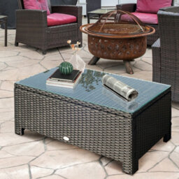 Outsunny Garden Rattan Side Table, Wicker Coffee Desk, Glass Top, Black - thumbnail 1
