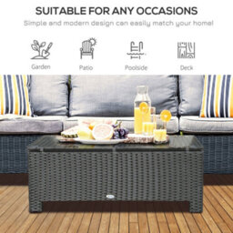 Outsunny Garden Rattan Side Table, Wicker Coffee Desk, Glass Top, Black - thumbnail 4