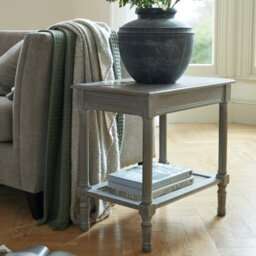 Wyld Haus Laurelbrook Grey Wood Side Table With Rattan Shelf 600mm - thumbnail 1