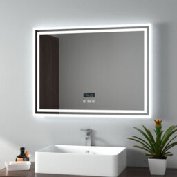 Emke Illuminated Bluetooth Bathroom Mirror With Shaver Socket, 600X800mm Bathroom Mirror With Fuse, Demister, Clock - thumbnail 1