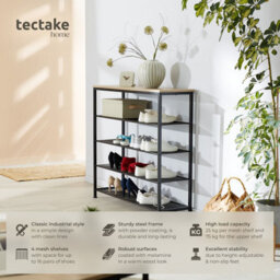 Tectake Shoe Rack Sheffield - Storage Shelf And 4 Grid Shelves, Industrial Style -  - Industrial Wood Light, Oak Sonoma - thumbnail 2