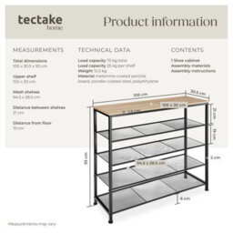Tectake Shoe Rack Sheffield - Storage Shelf And 4 Grid Shelves, Industrial Style -  - Industrial Wood Light, Oak Sonoma - thumbnail 6
