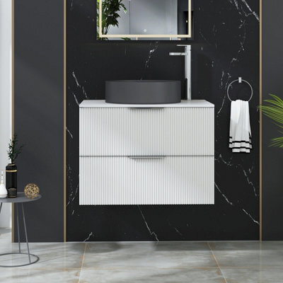 Royal Bathrooms Evora 700mm Matt White Fluted Wall Hung Countertop Vanity Unit 2 Drawer With Art Round Basin - image 1