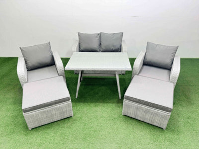 Fimous Light Grey Pe Wicker Rattan Garden Furniture Set Sofa Set Reclining Chair Love Sofa Rectangular Dining Table 2 Big Stools - image 1
