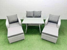 Fimous Light Grey Pe Wicker Rattan Garden Furniture Set Sofa Set Reclining Chair Love Sofa Rectangular Dining Table 2 Big Stools - thumbnail 1