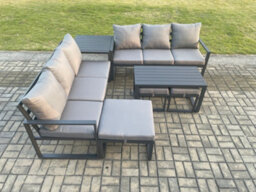 Fimous Aluminium 9 Seater Garden Furniture Outdoor Sofa Set With Rectangular Coffee Table 3 Footstools Side Table Dark Grey - thumbnail 2