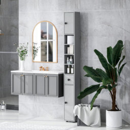 Slim Bathroom Cabinet Open Shelves And 2 Door Cupboards Grey - thumbnail 5