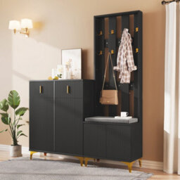 Btm Black Wardrobe Set With Hooks Shoe Cabinet With Drawers And Doors And Bench Seat With Cushion For Hallway - thumbnail 3
