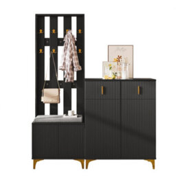 Btm Black Wardrobe Set With Hooks Shoe Cabinet With Drawers And Doors And Bench Seat With Cushion For Hallway - thumbnail 2