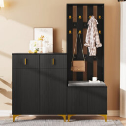 Btm Black Wardrobe Set With Hooks Shoe Cabinet With Drawers And Doors And Bench Seat With Cushion For Hallway