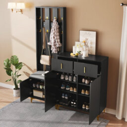 Btm Black Wardrobe Set With Hooks Shoe Cabinet With Drawers And Doors And Bench Seat With Cushion For Hallway - thumbnail 5