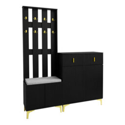 Btm Black Wardrobe Set With Hooks Shoe Cabinet With Drawers And Doors And Bench Seat With Cushion For Hallway - thumbnail 9