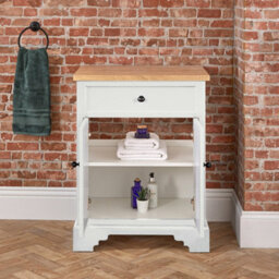 Homestylestore 645mm Antique White And Oak Bathroom Vanity Unit With Black Round Handles - thumbnail 4