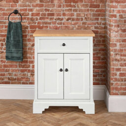 Homestylestore 645mm Antique White And Oak Bathroom Vanity Unit With Black Round Handles - thumbnail 3