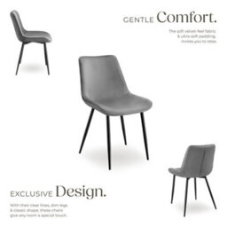 Tectake Set Of 2 Dining Chair Monroe - Padded, Velvet Look, Ergonomic Seat, Black Steel Legs  - Grey - thumbnail 3