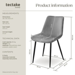 Tectake Set Of 2 Dining Chair Monroe - Padded, Velvet Look, Ergonomic Seat, Black Steel Legs  - Grey - thumbnail 6