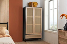 Black 2 Door Wardrobe Rattan 1 Drawer Mid Century Modern - thumbnail 1