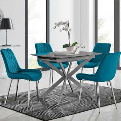 Furniturebox Uk Lira 100Cm Grey Metal Extending Dining Table & 4 Blue Pesaro Silver Chairs - image 1