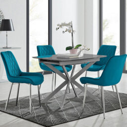 Furniturebox Uk Lira 100Cm Grey Metal Extending Dining Table & 4 Blue Pesaro Silver Chairs - thumbnail 1