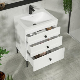Royal Bathrooms Royal Bathroom Verona 600mm Gloss White 3-Drawer Floor Standing Bathroom Vanity Unit With Stone Basin & Matt Black Knob - thumbnail 5