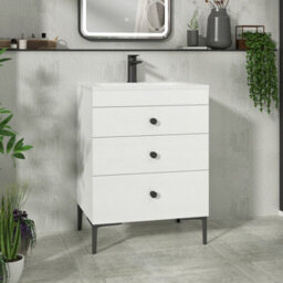 Royal Bathrooms Royal Bathroom Verona 600mm Gloss White 3-Drawer Floor Standing Bathroom Vanity Unit With Stone Basin & Matt Black Knob - thumbnail 1