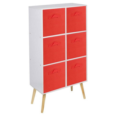 Urbn-Living Urbnliving 91Cm Height 6 Cube White Wooden Bookcase With White Legs Living Room Red Shelf Storage Drawers - image 1