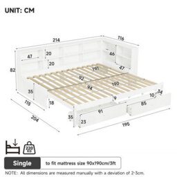 Btm 3Ft Daybed With Trundle, 2 Drawers, Side Storage, Charging Station, White (No Mattress) - thumbnail 9