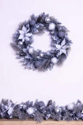 Christmas Tree World 50Cm Decorated Silver Mixed Pine Wreath With White Poinsettia - image 1