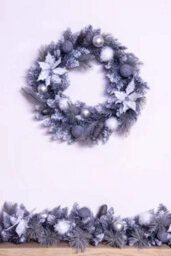 Christmas Tree World 50Cm Decorated Silver Mixed Pine Wreath With White Poinsettia - thumbnail 1