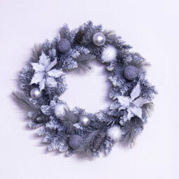 Christmas Tree World 50Cm Decorated Silver Mixed Pine Wreath With White Poinsettia - thumbnail 2