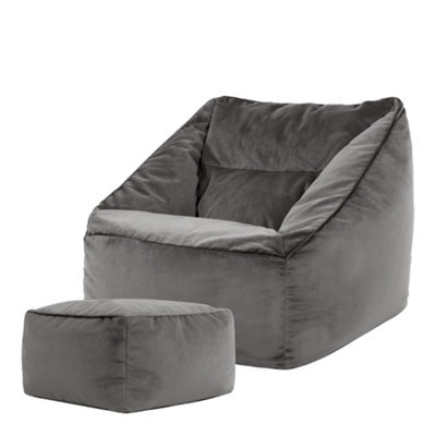 icon Natalia Velvet Adults Bean Bag Armchair And Pouffe, Ready Filled Large Beanbag And Footstool Charcoal Grey - image 1