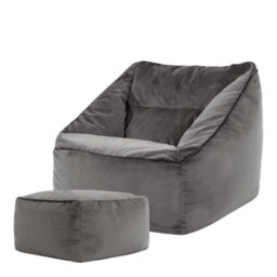 icon Natalia Velvet Adults Bean Bag Armchair And Pouffe, Ready Filled Large Beanbag And Footstool Charcoal Grey