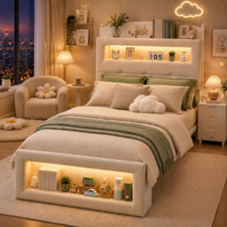 Merax 3Ft Single Bed 90X190 Cm, Velvet Storage Bed With Led Lights, Headboard & Footboard Storage, Cream White - thumbnail 1