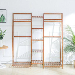 Brown Wooden Clothes Rail Rack Garment Hanging Stand Middle And Top Store Openwardrobe - thumbnail 5